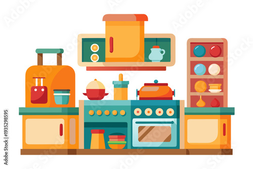 Colorful retro kitchen with vibrant appliances and vintage decor featuring cabinets, oven, pots, and dishware in a charming mid-century modern style