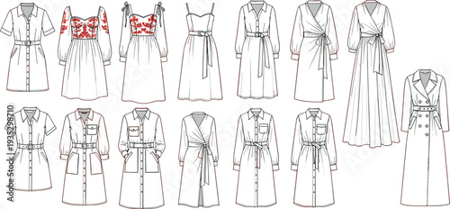 Women dress fashion collection technical templates set, elegant dresses with belts, wraps and buttons, cad drawing flat vector illustration