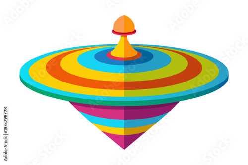 Vibrant multicolored spinning top with concentric stripes and pointed tip on white background