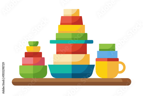 Colorful stacked toy nesting cups and bowls for kids' educational play on wooden surface