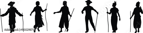 Traditional tribal people silhouettes with walking sticks, ethnic culture characters isolated black silhouette set representing indigenous heritage lifestyle collection