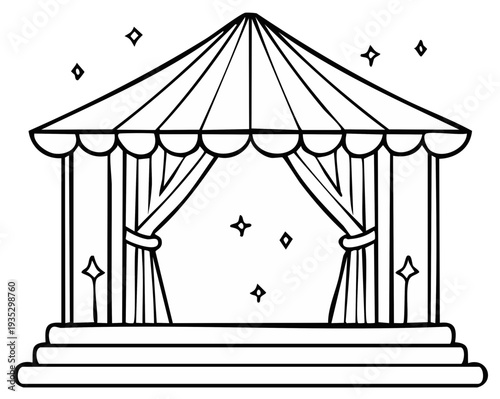 Cartoon stage illustration with curtains, stars and tent-like top.