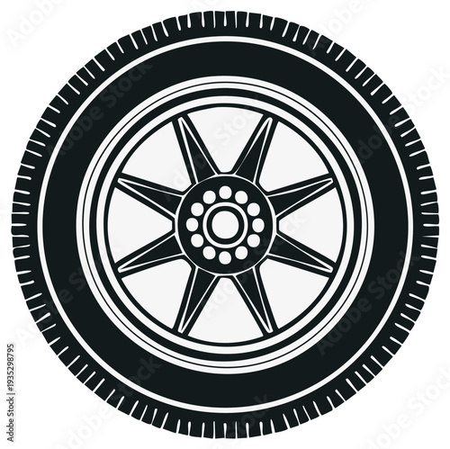 Black and white illustration of a car tire and wheel assembly with a spoke design