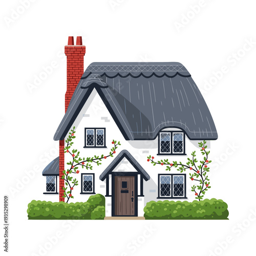 Charming english cottage with thatched roof and vibrant climbing roses showcasing classic architecture