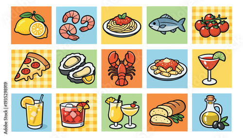 Hand drawn line art food and drink set featuring seafood, pasta, pizza, and cocktails for restaurant and bar menus