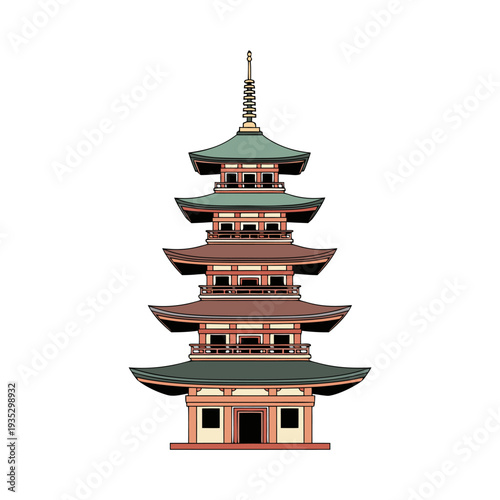 Traditional japanese pagoda with tiered roofs and intricate architecture depicting cultural heritage on a white background