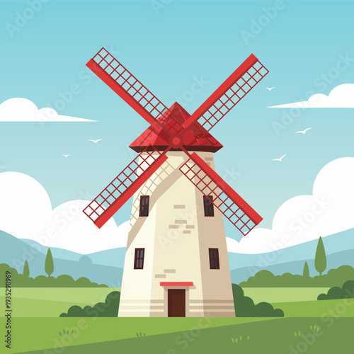 Charming windmill with red blades in countryside landscape under clear blue sky with flying birds
