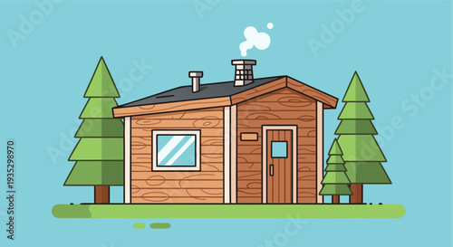 Cozy wooden cabin with smoky chimney in peaceful forested area featuring pine trees and clear blue sky