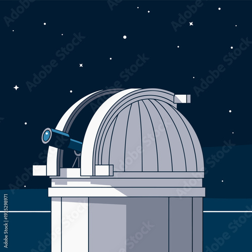 Nighttime observatory dome with telescope gazing at starry sky in crisp blue landscape