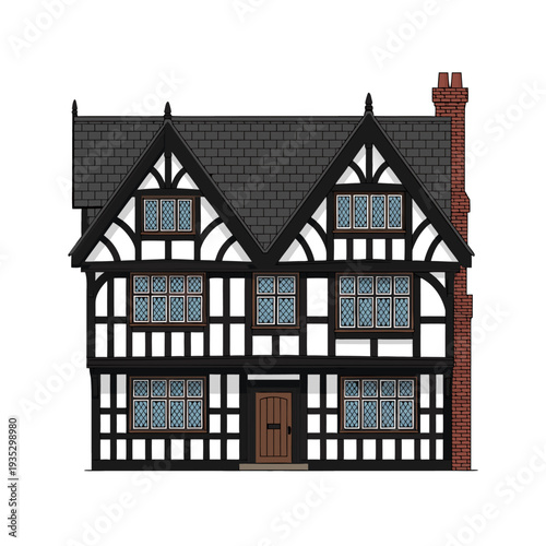 Traditional tudor style house with black and white timber frame and brick chimney on white background