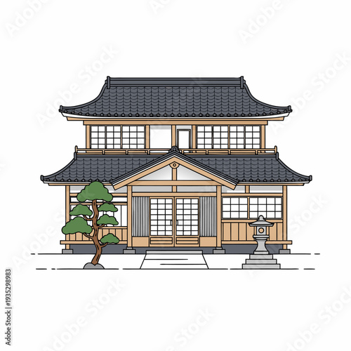 Traditional japanese architecture: classic wooden house with curved tiled roof, sliding doors, bonsai tree, and stone lantern in minimalist illustration