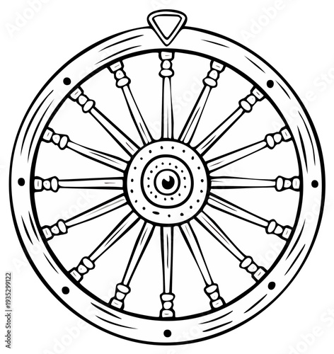 Ornate spoked wheel design symbolizing circular motion and ancient technology