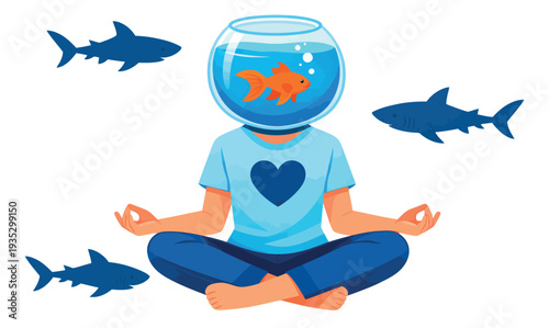Cartoon illustration of a meditating person with a goldfish bowl for a head depicting calm amidst circling sharks for mental well-being