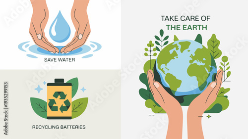 Eco friendly concept illustration with hands holding water drop recycling battery and earth surrounded by green leaves promoting sustainability and environmental care