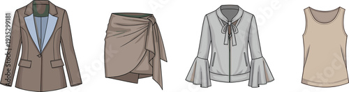Women fashion clothing set including blazer skirt blouse and tank top, stylish apparel collection, cad drawing flat vector illustration