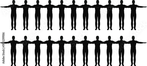 Multiple male human body silhouette figures in T pose alignment, front view full length isolated on white background, character modeling reference set