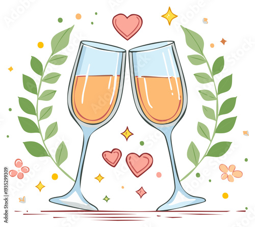 Celebratory clinking champagne flutes with hearts and botanical design