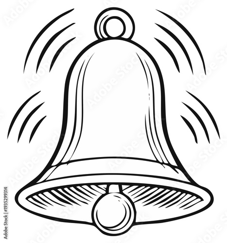 Cartoon bell ringing with sound waves, illustration in black and white