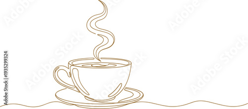 Continuous single line drawing of coffee cup with steam on saucer for minimalist cafe logo, morning beverage vector art illustration.