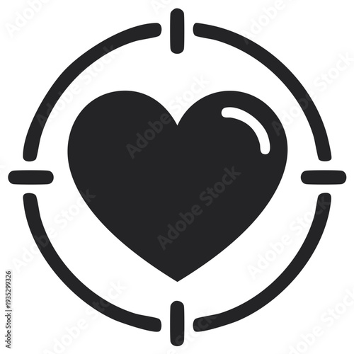 Black heart symbol centered within a crosshair target graphic representing focus or objective