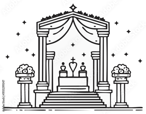 Symbolic wedding or spiritual ceremony arch with altar figures heart and flower decorations doodle
