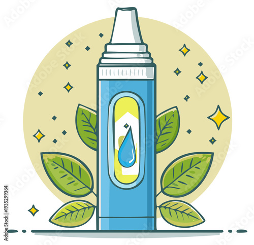 Herbal nasal spray or eye drop medicine bottle with fresh green leaves vector illustration
