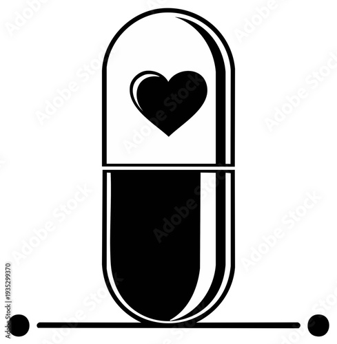 Capsule pill with heart symbol inside representing medication for heart health and well being