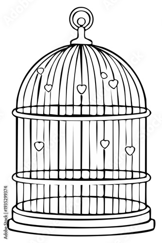 Outlined illustration of an empty decorative bird cage with heart decorations