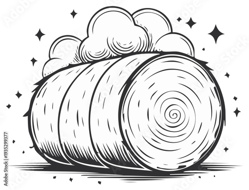 Whimsical Hay Bale with Stylized Clouds and Sparkling Stars in Rustic Sketch Style