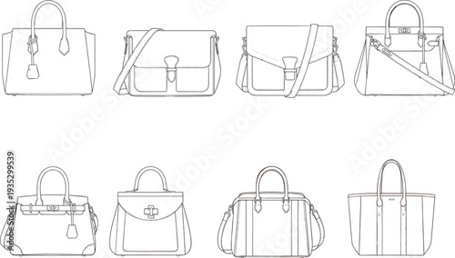 Women handbag collection set, luxury fashion purse and shoulder bags technical templates, cad drawing flat vector illustration
