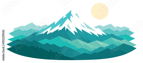 Modern flat design illustration of a mountain range depicting a snowy peak and sun for nature themes