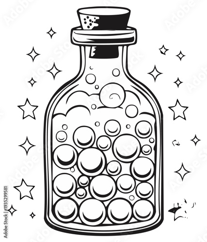 Magical potion bottle filled with bubbles and sparkling stars line art illustration for coloring