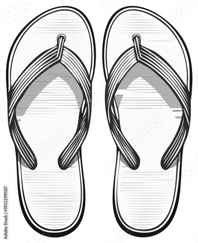 Illustration of a pair of beach flip flops in a classic black and white design