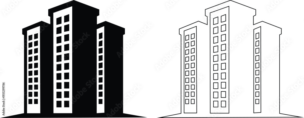 Obraz premium Skyscraper building icons in solid silhouette and thin line outline styles modern urban architecture Vector illustration set