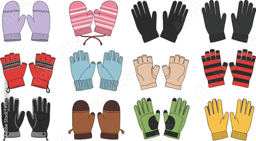 Set of Winter Mittens and Gloves Vector Illustrations for Cold Weather Fashion Apparel Outdoor Activities Seasonal Accessories and Warm Clothing Flat Icons