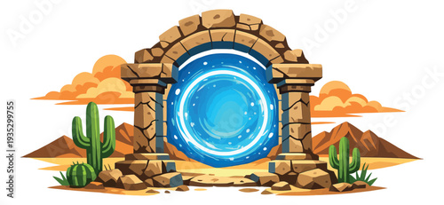 Cartoon illustration of a fantasy stone portal depicting a swirling blue energy gateway for a game or adventure design