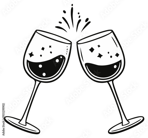 Two champagne glasses clinking together with celebratory bubbles and sparkles