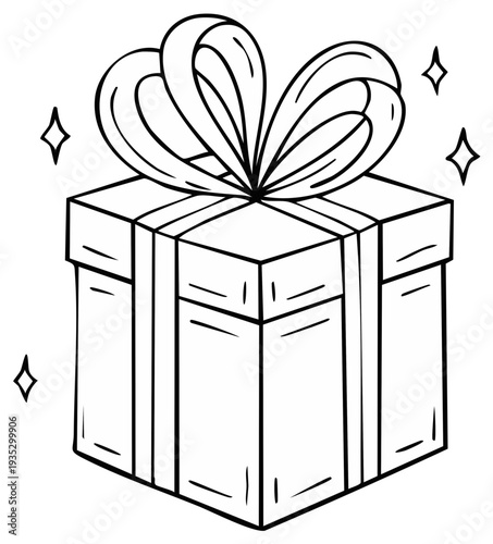 Hand drawn illustration of a gift box with a ribbon and sparkles celebrating joy and surprises