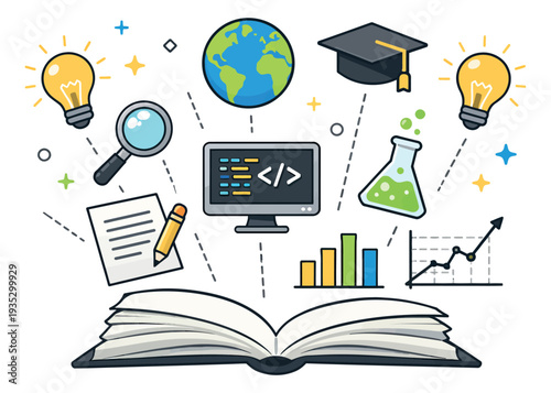 Colorful line art learning and knowledge concept set featuring an open book and various educational, technological, and business icons for innovation and growth