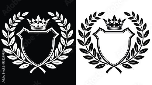 A black and white illustration of a crown and laurel wreath on a shield with a modern design