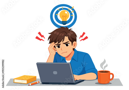 Modern cartoon illustration of a man depicting creative block and headache for business problem solving