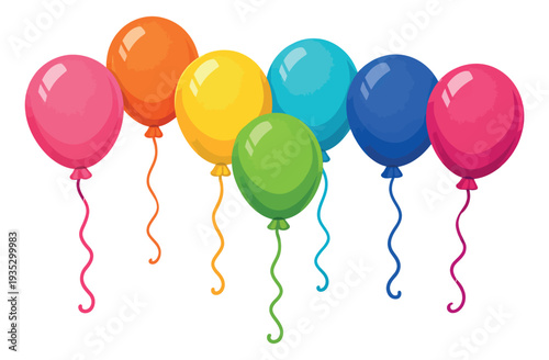 Bright cartoon balloon set featuring a variety of glossy vibrant helium balloons with curly strings for festive event decorations