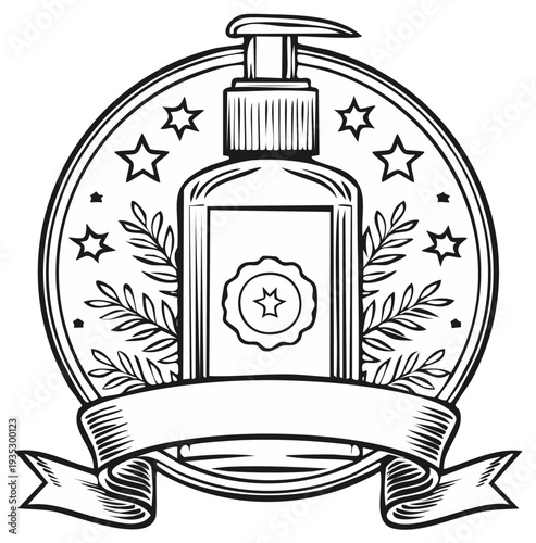 Illustration of a Hand Soap Dispenser with Decorative Elements in a Round Badge