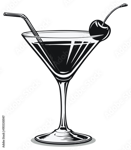 Retro illustration of a martini glass containing a dark cocktail garnished with a cherry and straw, conveying a classic vintage style.
