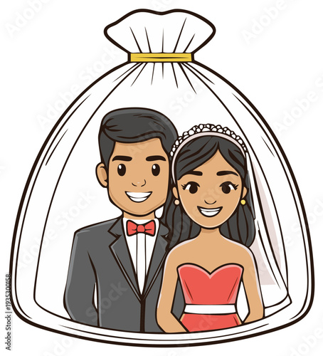 Cartoon wedding couple in frame, happy bride and groom in love getting married, love and marriage, togetherness