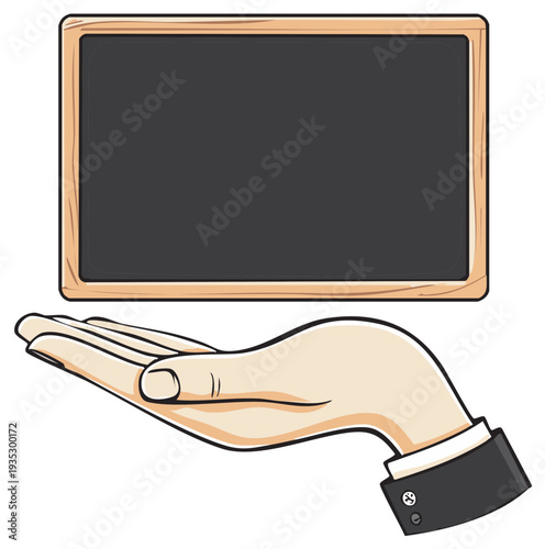 Presentation with chalkboard sign and gesturing hand in a business suit sleeve showing empty blackboard