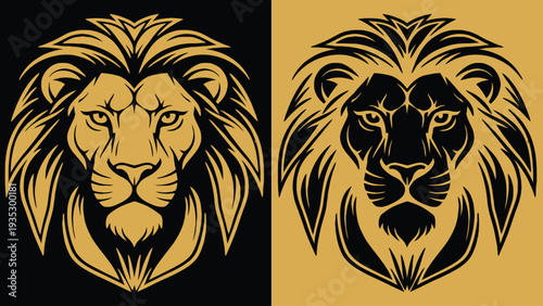 A striking illustration of two lion heads in black and gold colors with bold lines and contrasting backgrounds.