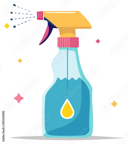Colorful cartoon spray bottle actively misting cleaning solution promoting hygiene and freshness