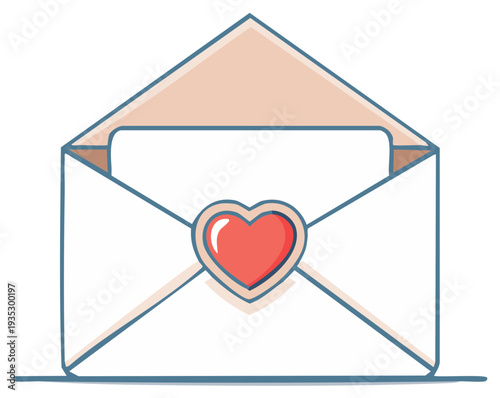Open Envelope with Red Heart Symbol and Blank Paper Inside