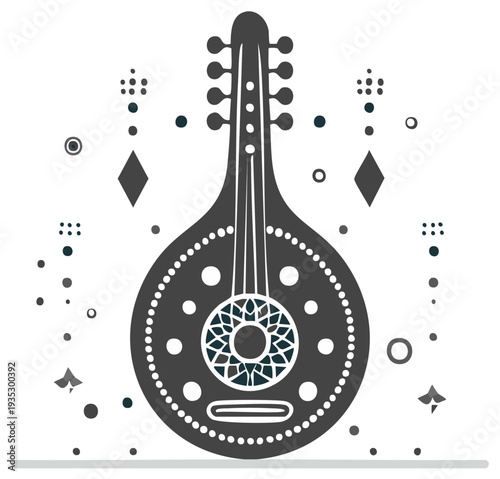 Stylized graphic illustration of a lute musical instrument with decorative elements.